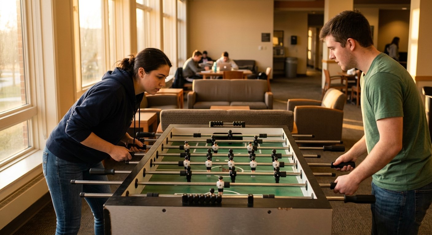 Young woman gripping the 5-bar rods of a foosball table in a sunlit university common room while a friend watches
