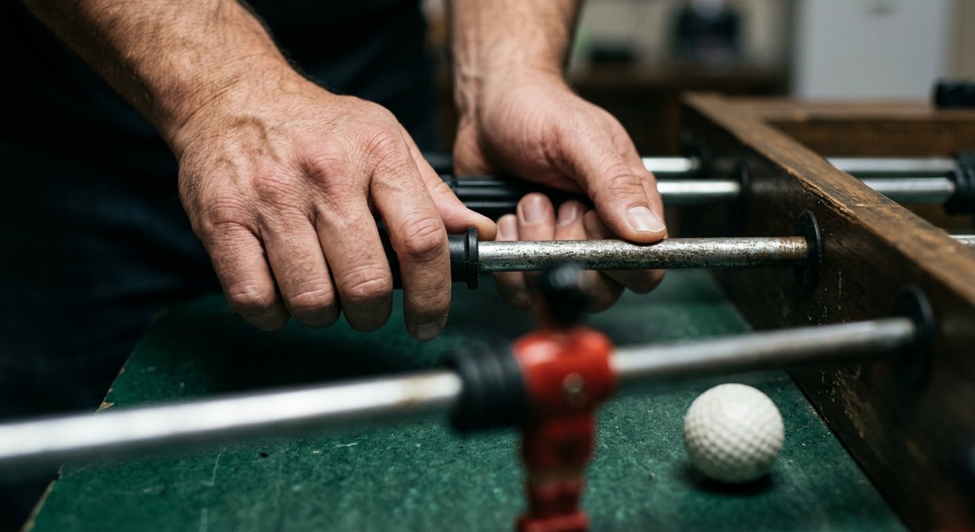 Close-up of hands gripping a foosball 5-bar rod, fingers positioned for a brush pass, with a blurred foosman and ball visible