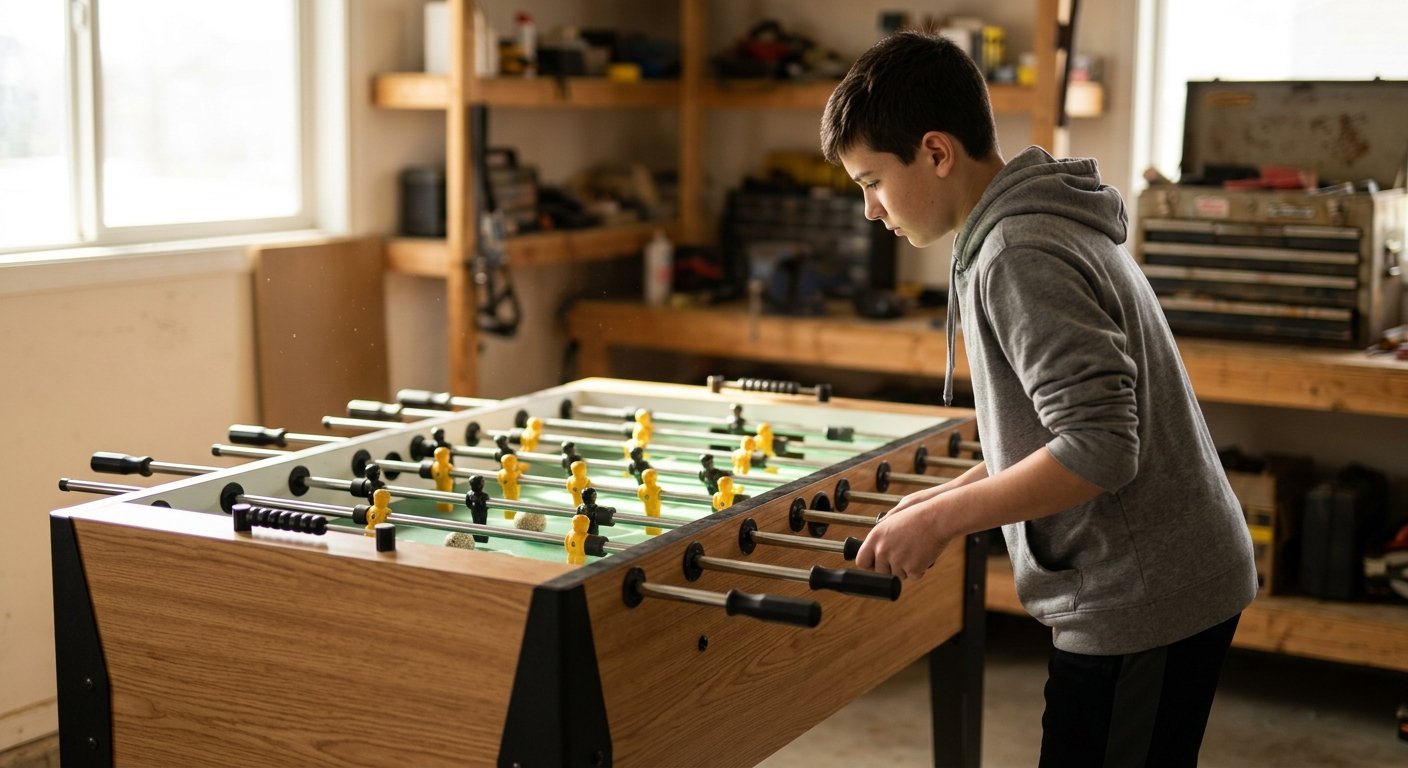 Teenage boy in grey hoodie pins a foosball with one 5-bar man's toe in a sunlit garage, rod gripped mid-drill.
