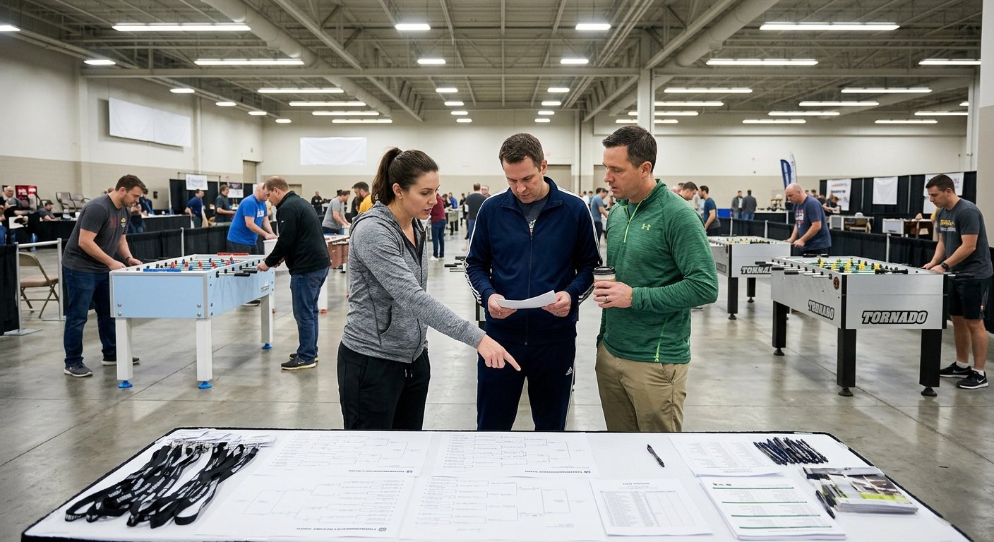 Three adults reviewing paperwork at a tournament registration table inside a convention hall with foosball tables visible in
