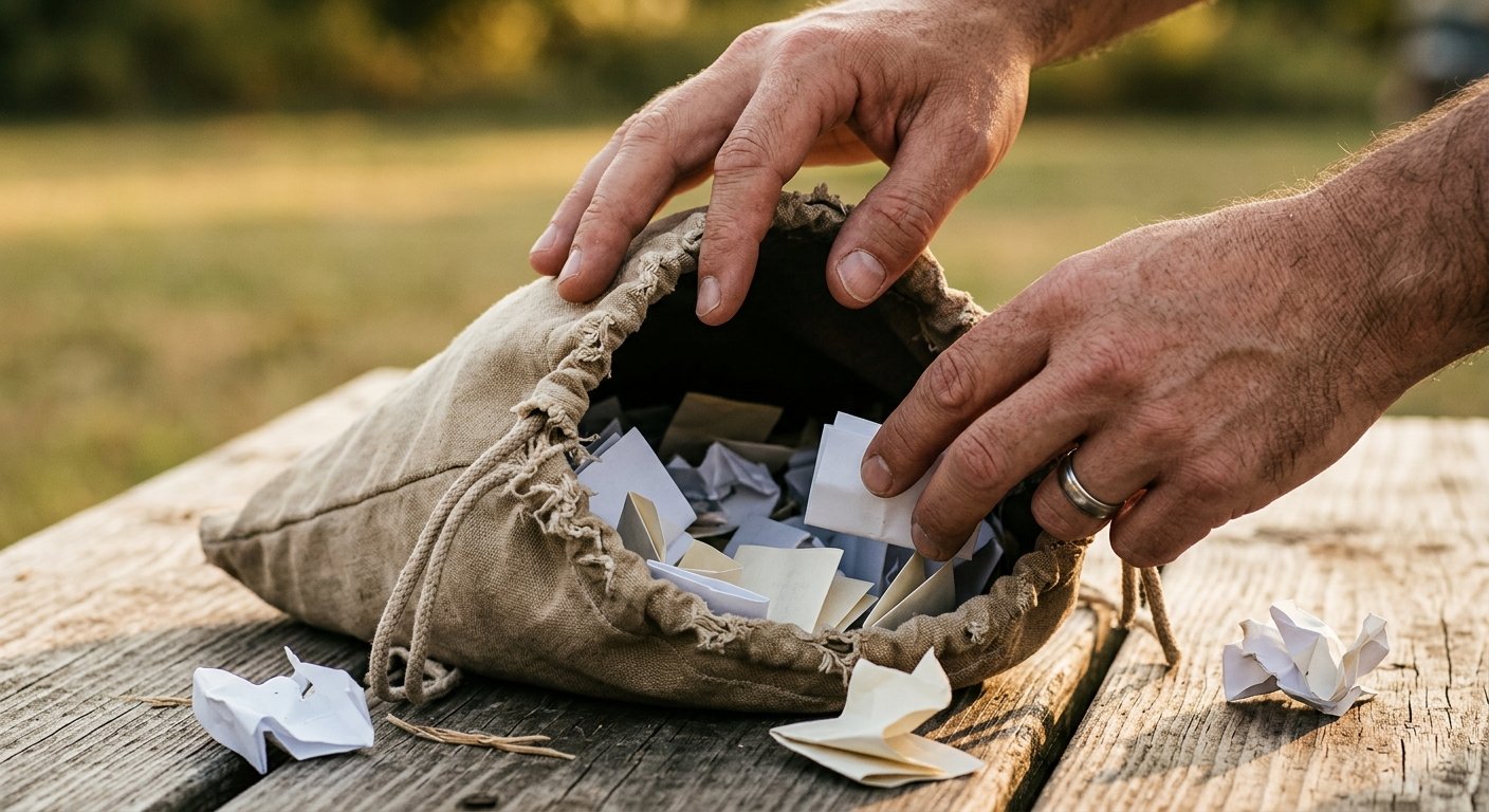 Two hands pulling folded paper slips from a canvas drawstring bag on a wooden picnic table, scattered slips nearby
