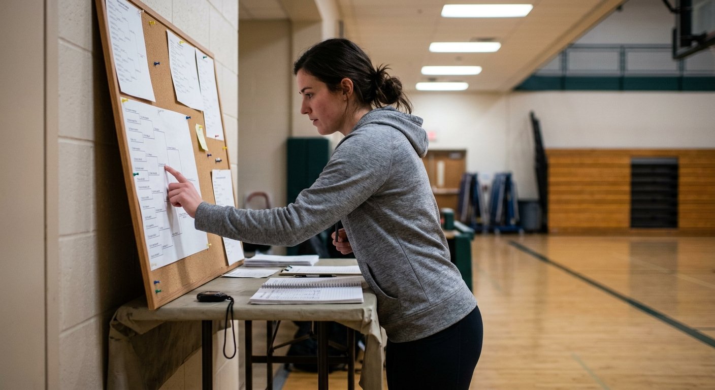 Young woman in a hoodie studies a tournament bracket pinned to a corkboard in a dimly lit community gym, finger tracing the b