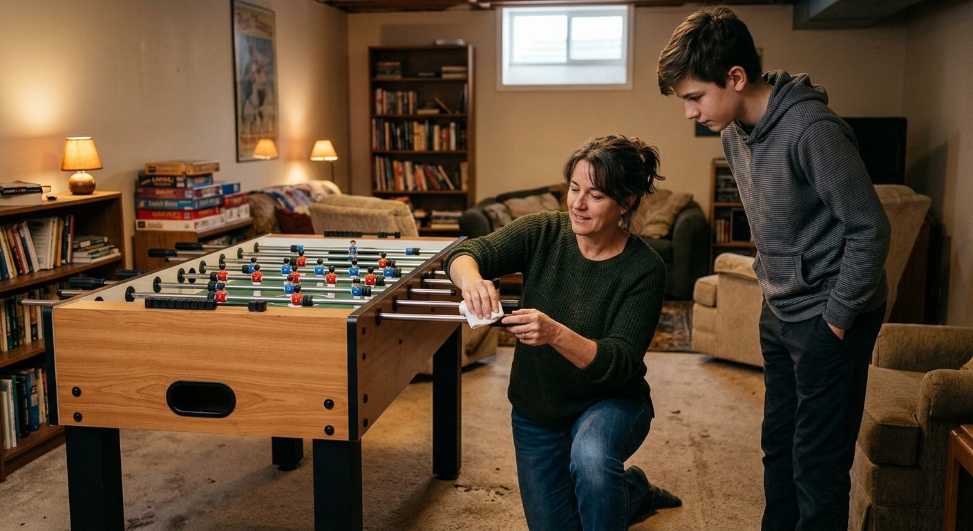 Woman oiling a foosball table rod in a basement rec room while a teenager watches, late-afternoon lamp light