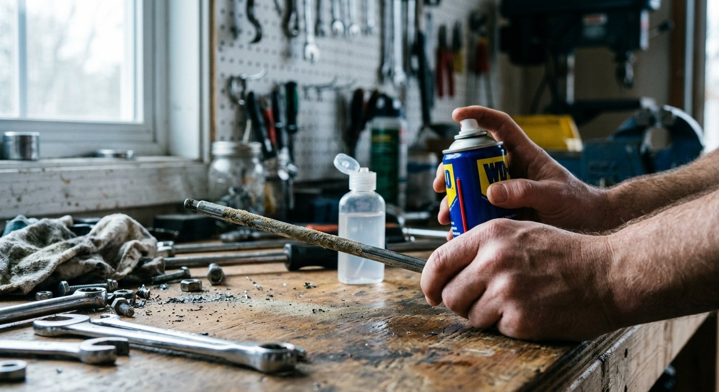 Hands holding a WD-40 can next to a dusty foosball rod on a workbench, with a silicone lubricant bottle blurred behind
