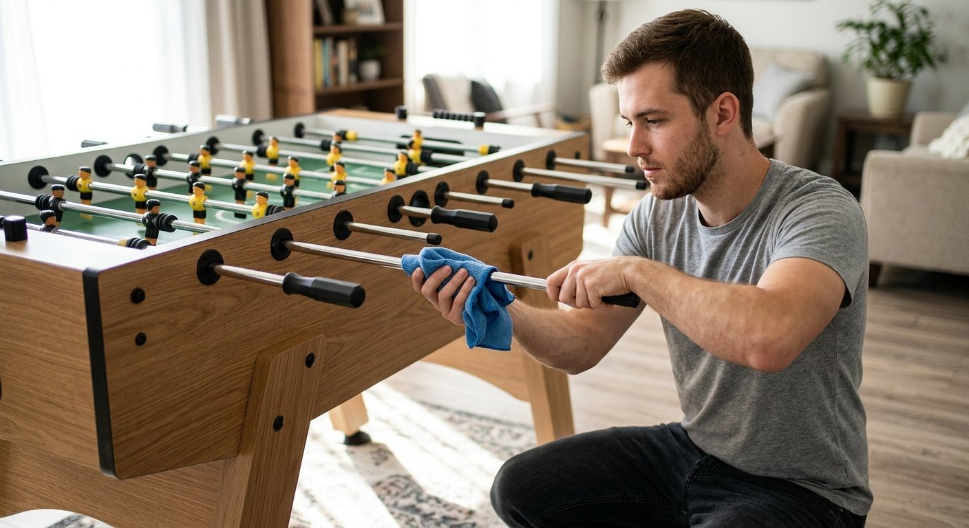 Young man wiping a foosball rod with a microfiber cloth in a sunlit living room, mid-action three-quarter view