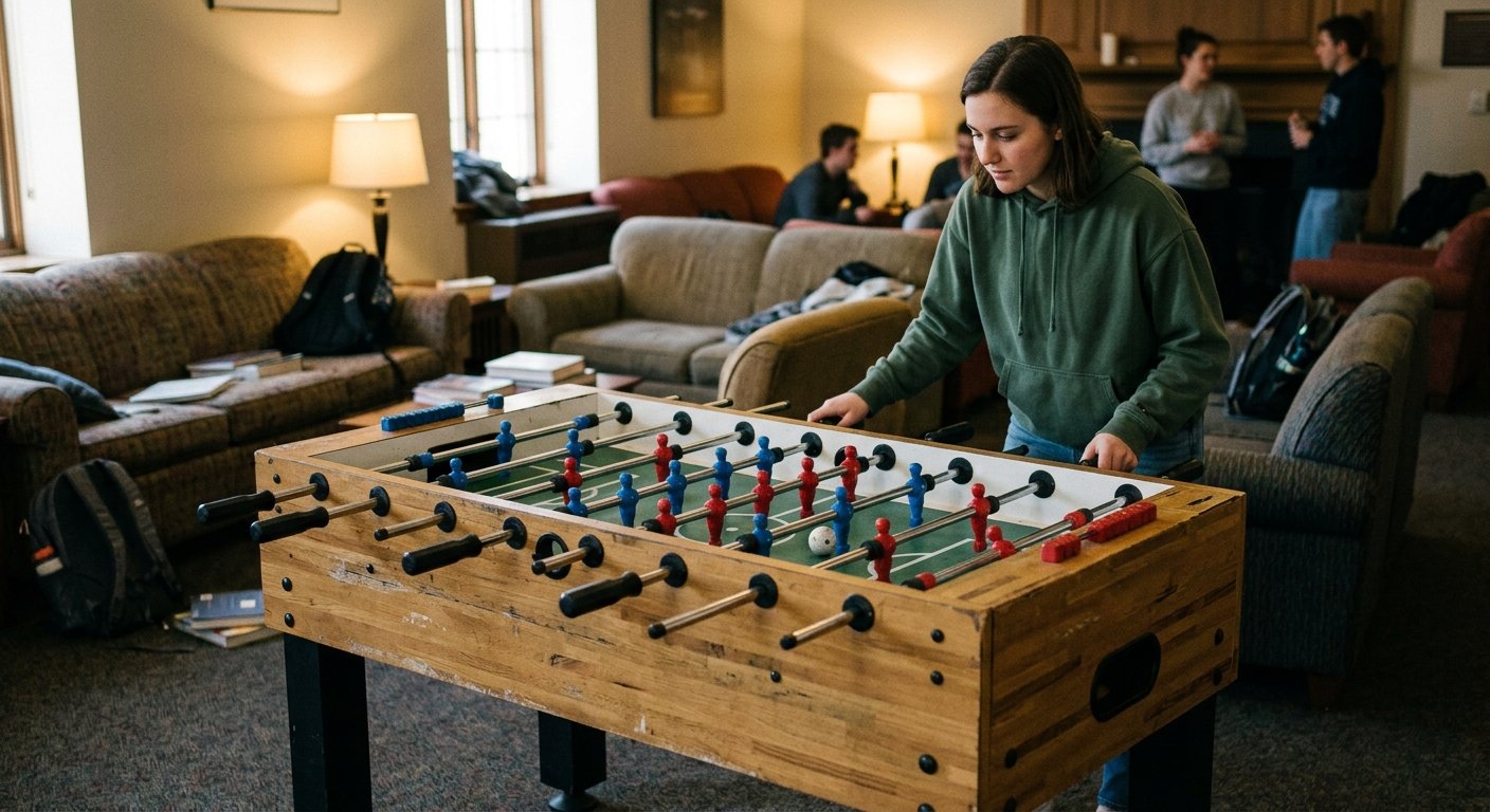 Young woman standing at a foosball table in a college common room, hand on the 3-bar rod, ball resting freely beside the stri