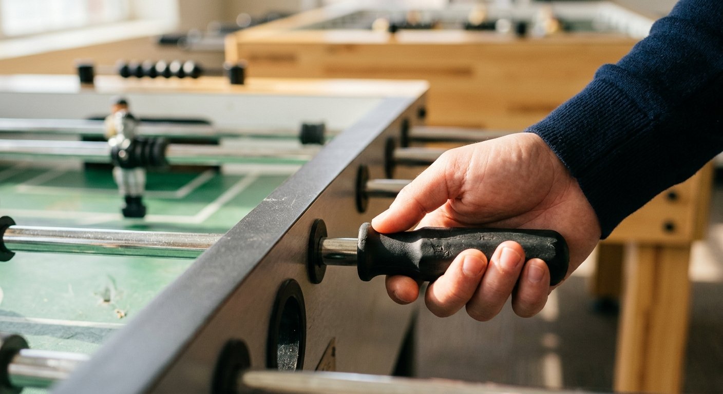 Close-up of a relaxed male hand gripping a foosball rod handle with fingertips, shallow depth of field blurring the green tab