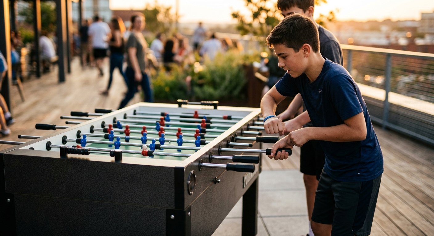 Teen boy mid-pull-shot on an outdoor foosball table at dusk, shoulder and elbow driving back, face locked in concentration