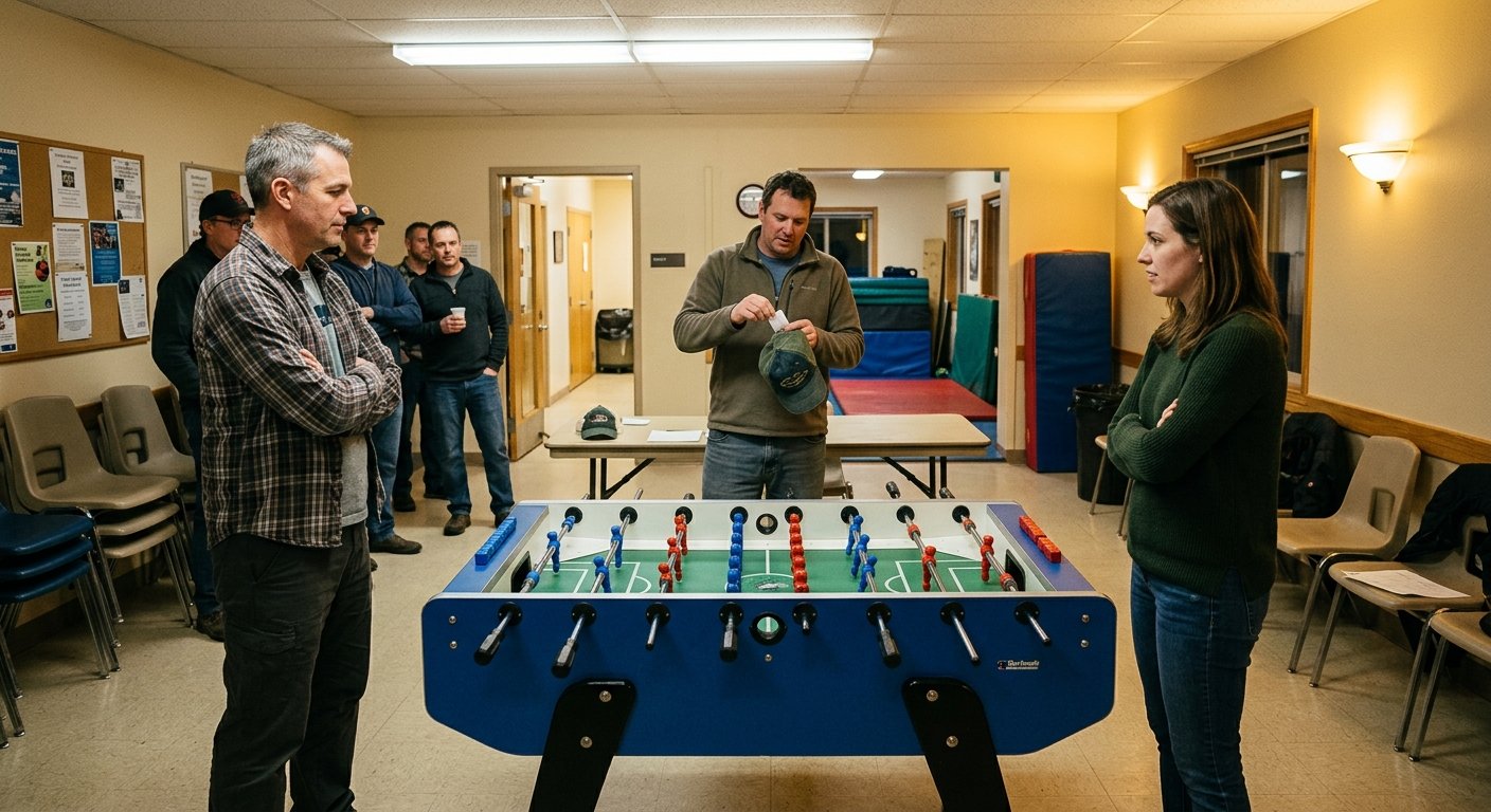 Tournament director draws a slip of paper from a cap beside a foosball table as two players watch inside a recreation center.