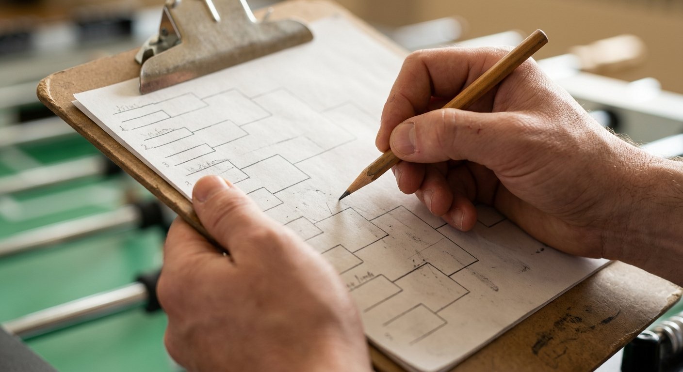 Hands holding a tournament bracket clipboard with a pencil poised to fill in a seeded player's name, foosball table blurred b