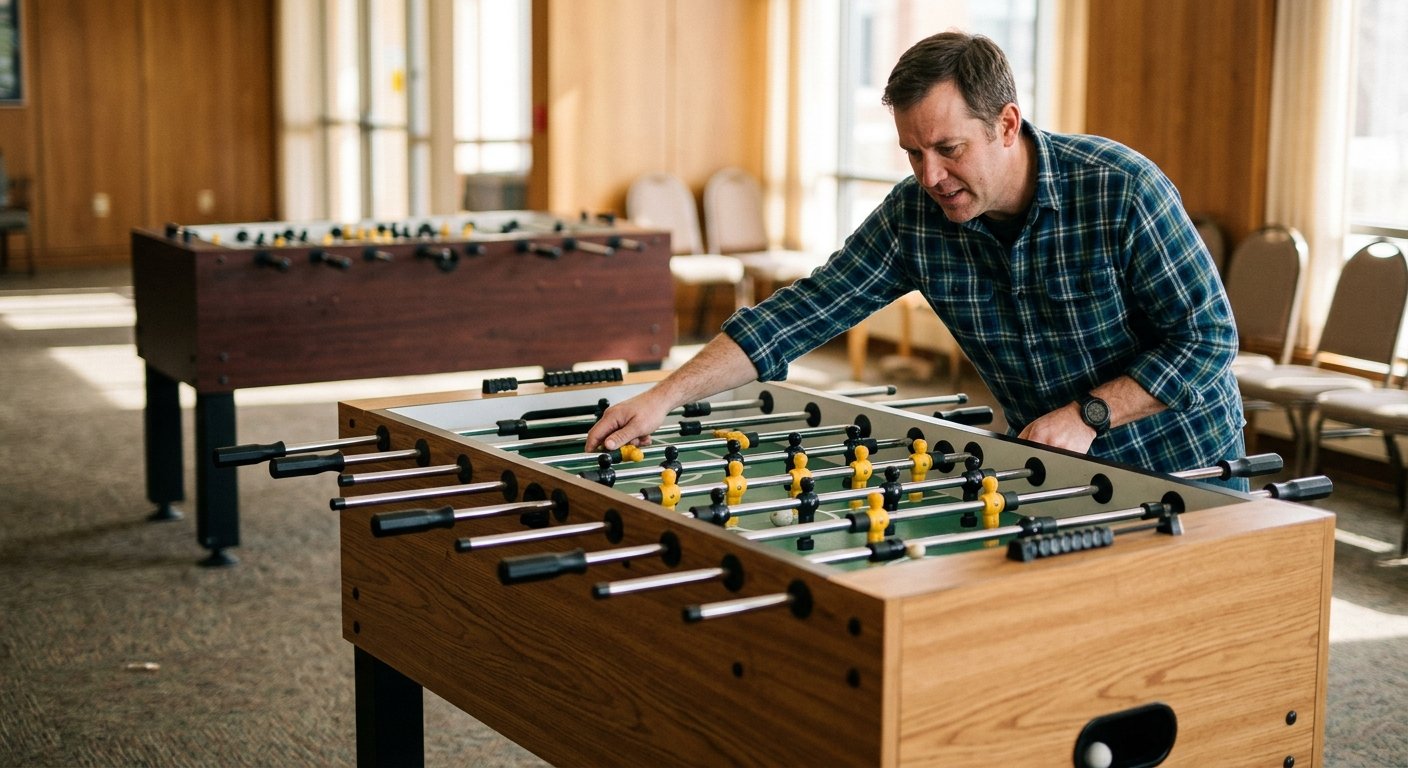 Man in flannel shirt mid-reach over a foosball table in a sunlit student union, captured candid at three-quarter angle