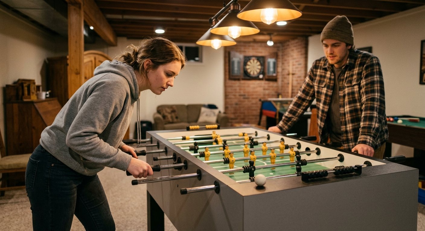 Woman gripping the goalie rod on a foosball table in a basement game room while a friend watches from the far end.