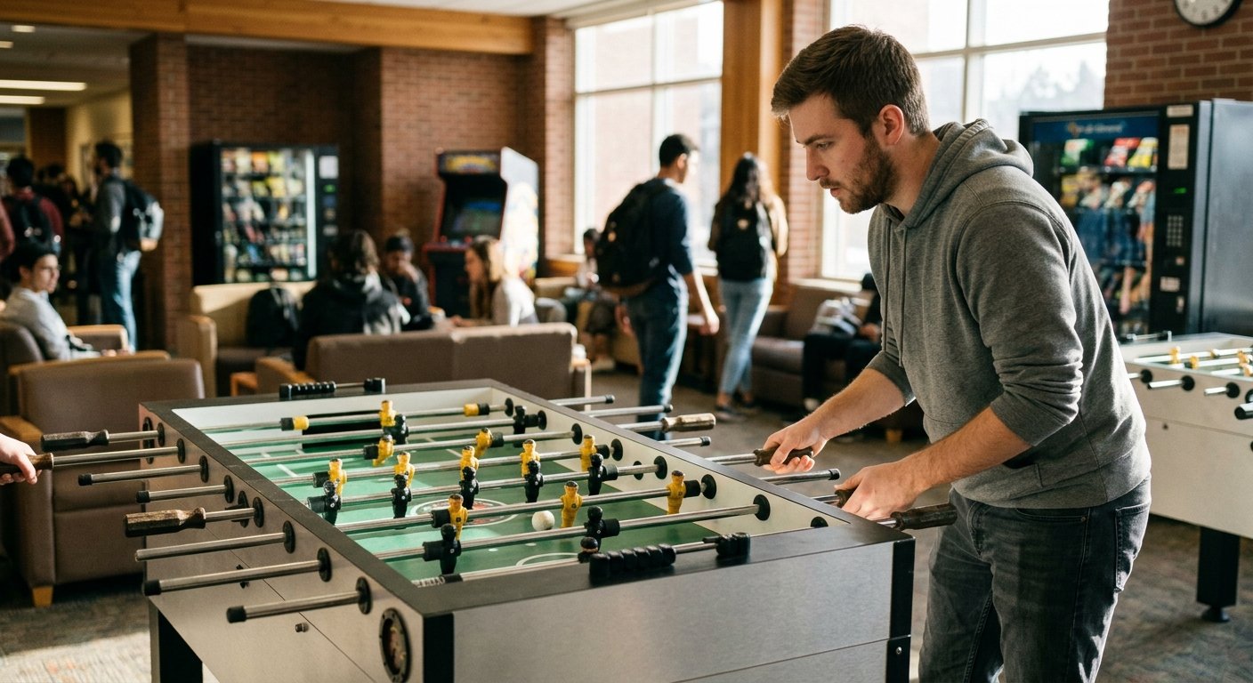 Young man in grey hoodie sliding a foosball two-bar rod toward the near rail in a sunlit university rec room, caught mid-acti