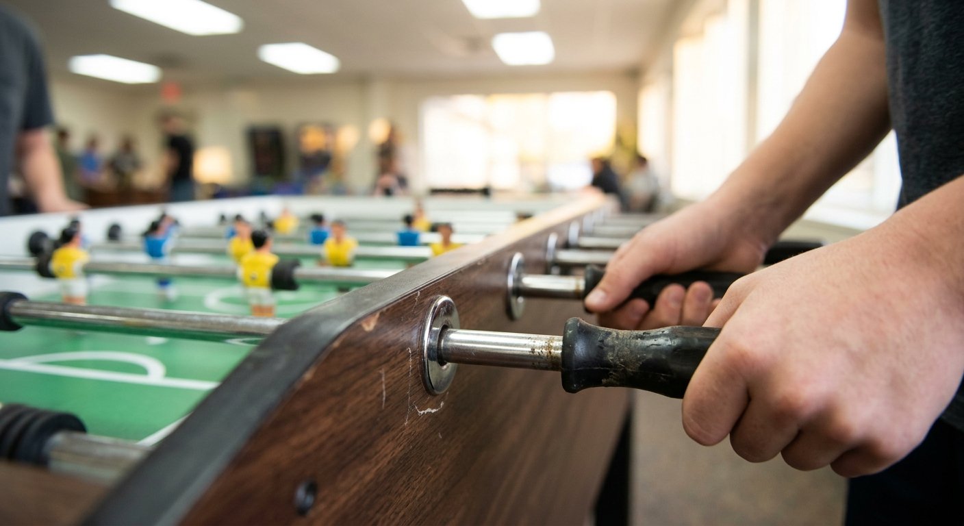 Close-up of young hands gripping a foosball table rod mid-game, shallow depth of field, blurred green playing surface behind