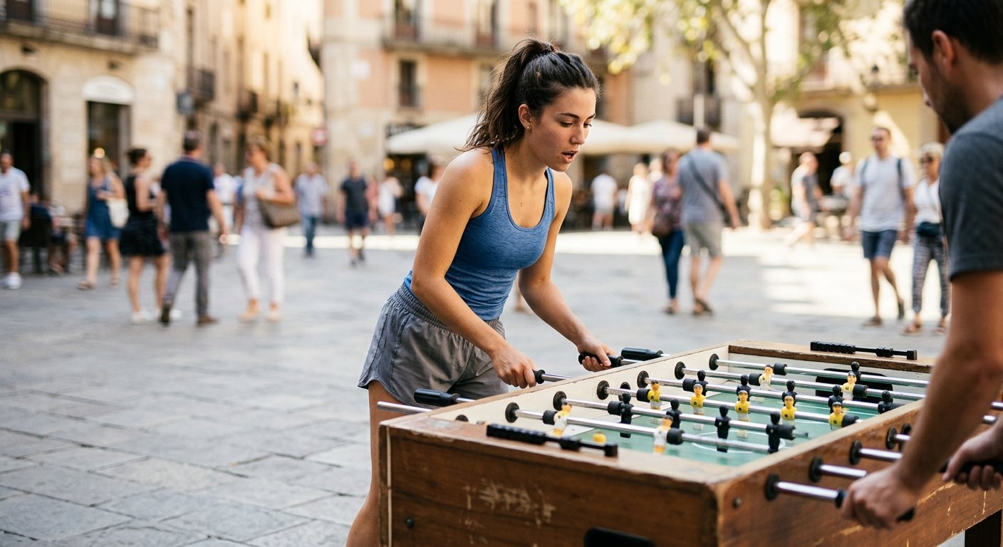 Young woman in athletic wear playing foosball at an outdoor public table in a sunny plaza, caught mid-action in three-quarter