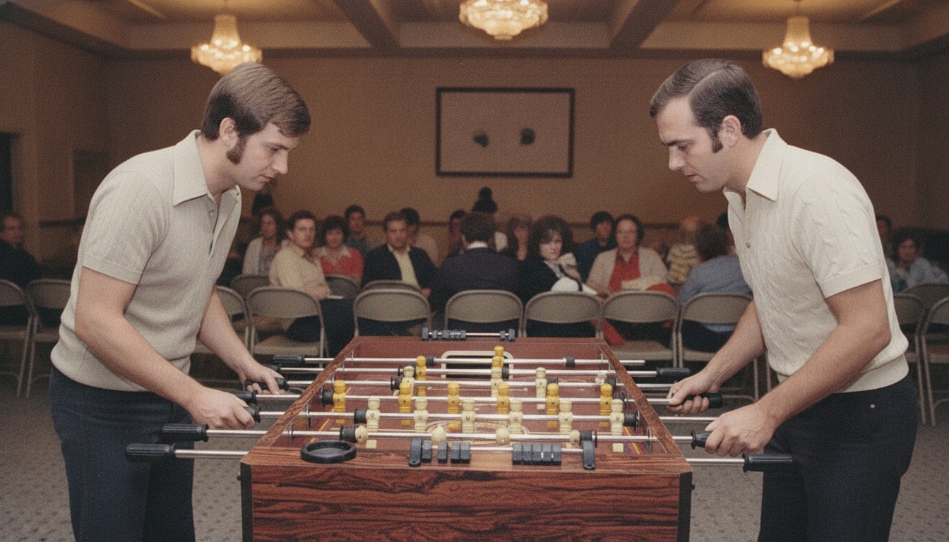 Two players on the long sides of a 1970s Tournament Soccer table, facing each other across the brown playfield, in a hotel ballroom during the tour