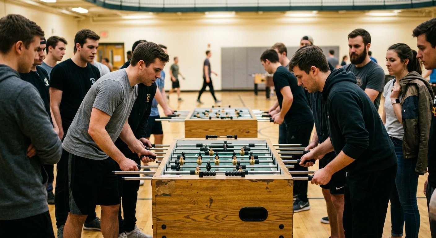 Two foosball players competing at a table inside a sports center, surrounded by watching spectators under bright overhead lig