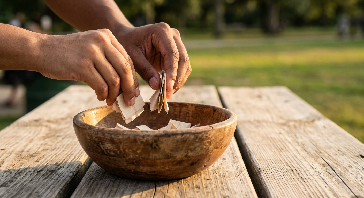 Two hands dropping folded paper slips into a wooden bowl on a picnic table, shallow focus, warm afternoon light