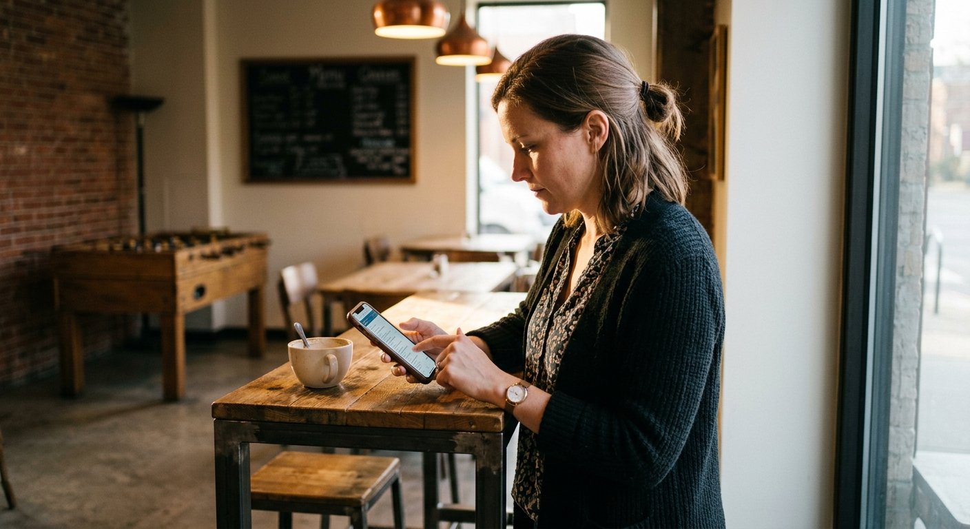 Woman scrolling through a foosball tournament schedule on her smartphone at a coffee shop table, afternoon light on her face.