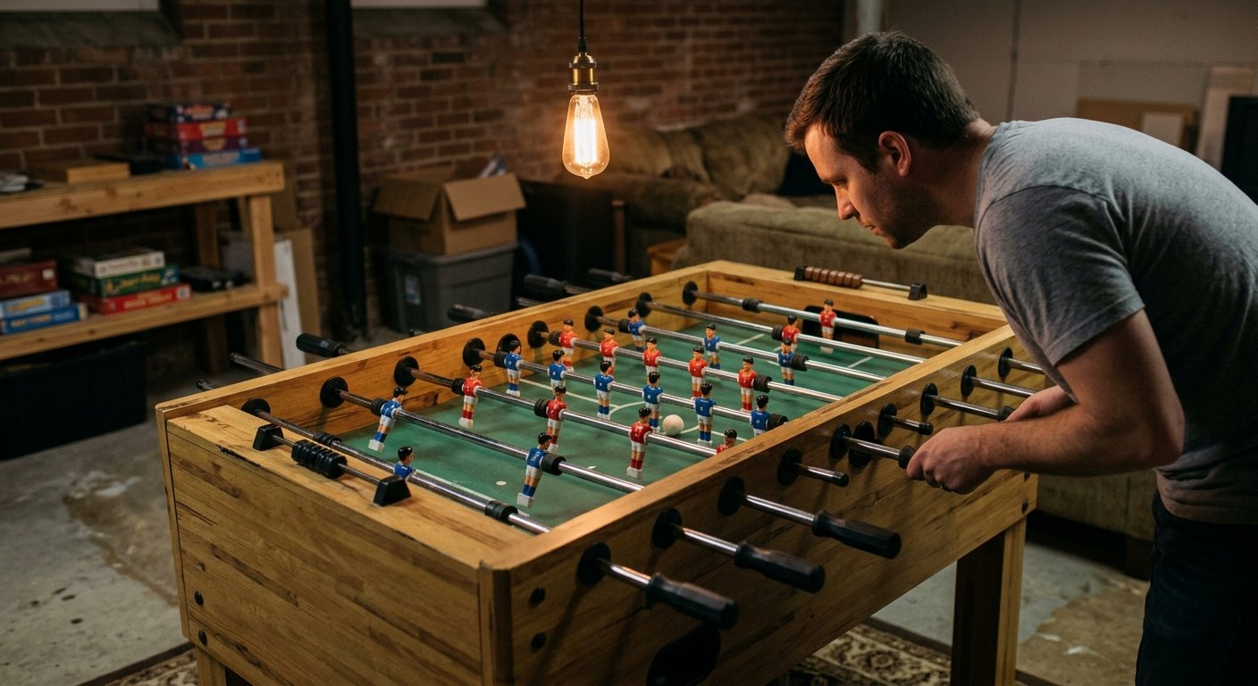 Man gripping the 5-bar rod handle on a foosball table, ball positioned near the side rail in a basement game room