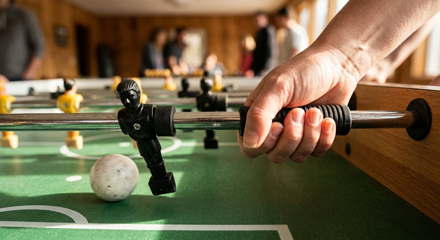 Close-up of a woman's hand on a foosball rod, ball blurred near a player figure's foot at an angle