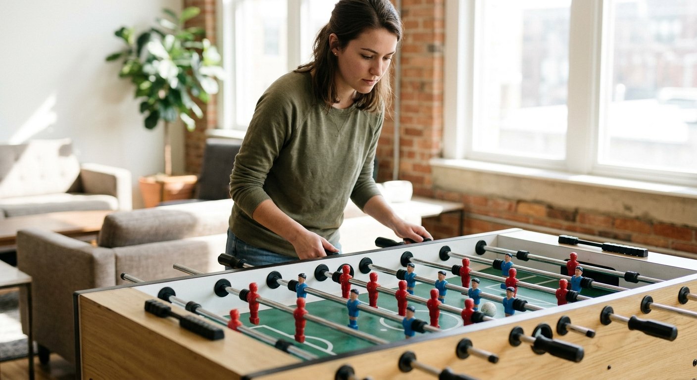 Young woman in a sunlit rec room adjusts two foosball rods mid-pass, her wrists angled as she executes a lateral ball transfe